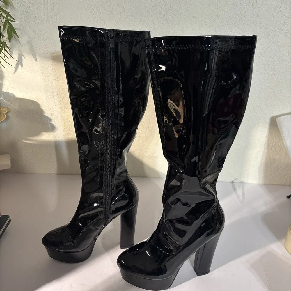 Allegra K Black Patent Over-The-Knee Platform Boots
